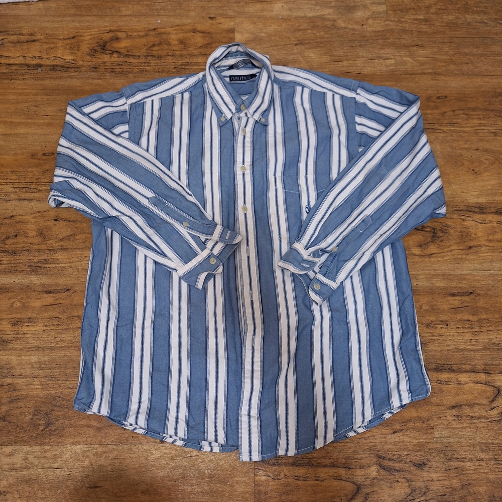 Vintage Nautica Men's Blue and White Striped Button Down Shirt